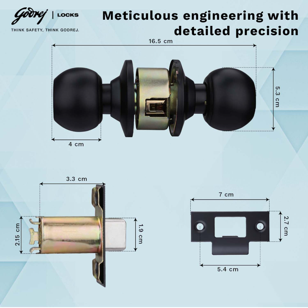 Godrej Keyless Cylinder Lock | Single Panel Door Lock | Suitable for Residential Doors & Commercial Space | Backset 60mm | SS Knobs | Door Thickness 32mm to 45 mm | Matte Black Finish